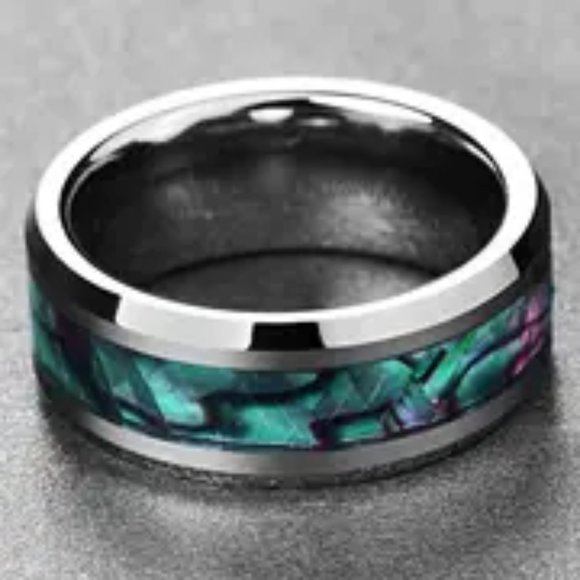 Handsome Hypoallergenic Inlaid Abalone Shell Beveled Stainless Steel Ring Sz 10 - Picture 2 of 3